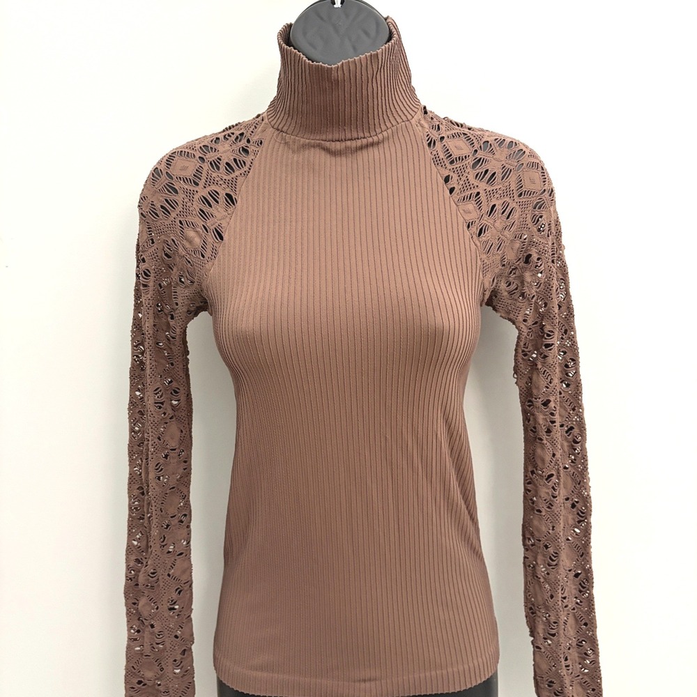 Intimately Free People Turtleneck Crochet Sleeve Top M/L Brown